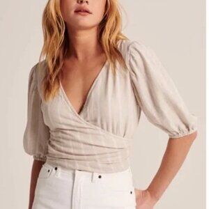 Abercrombie & Fitch Striped Linen Blend Puff Sleeve Surplice Crop Top Faux Wrap